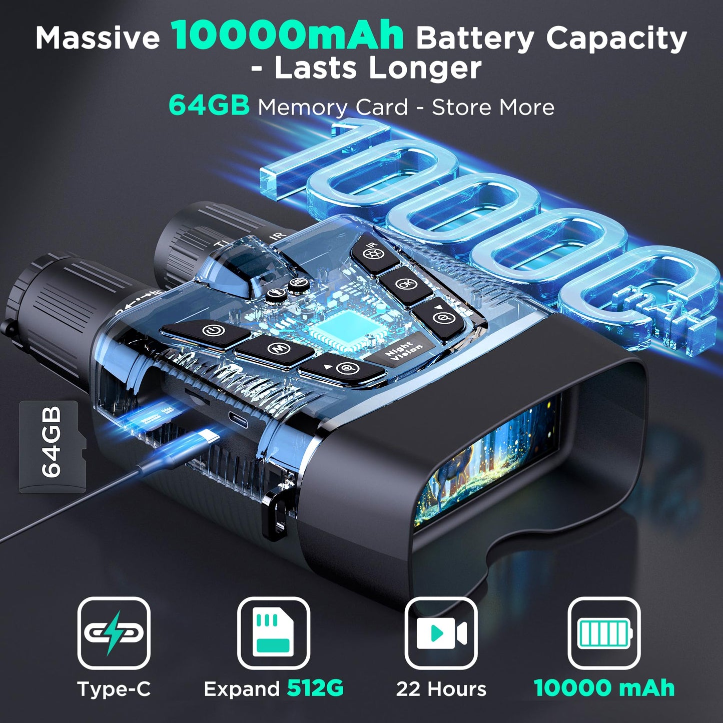 Night Vision Goggles, 58MP Full-Color 4K Night Vision Binoculars with 10000mAh Fast Charging Battery, 64GB Card, 3.99" Screen and 1968FT Viewing Range for Camping Hunting & Security(Black)