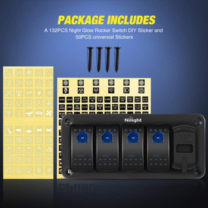 Nilight 4 Gang Rocker Switch Panel with 4.8 Amp Dual USB Charger Voltmeter Waterproof 12V 24V DC Night Glow Stickers for Car Trucks Boats RVs