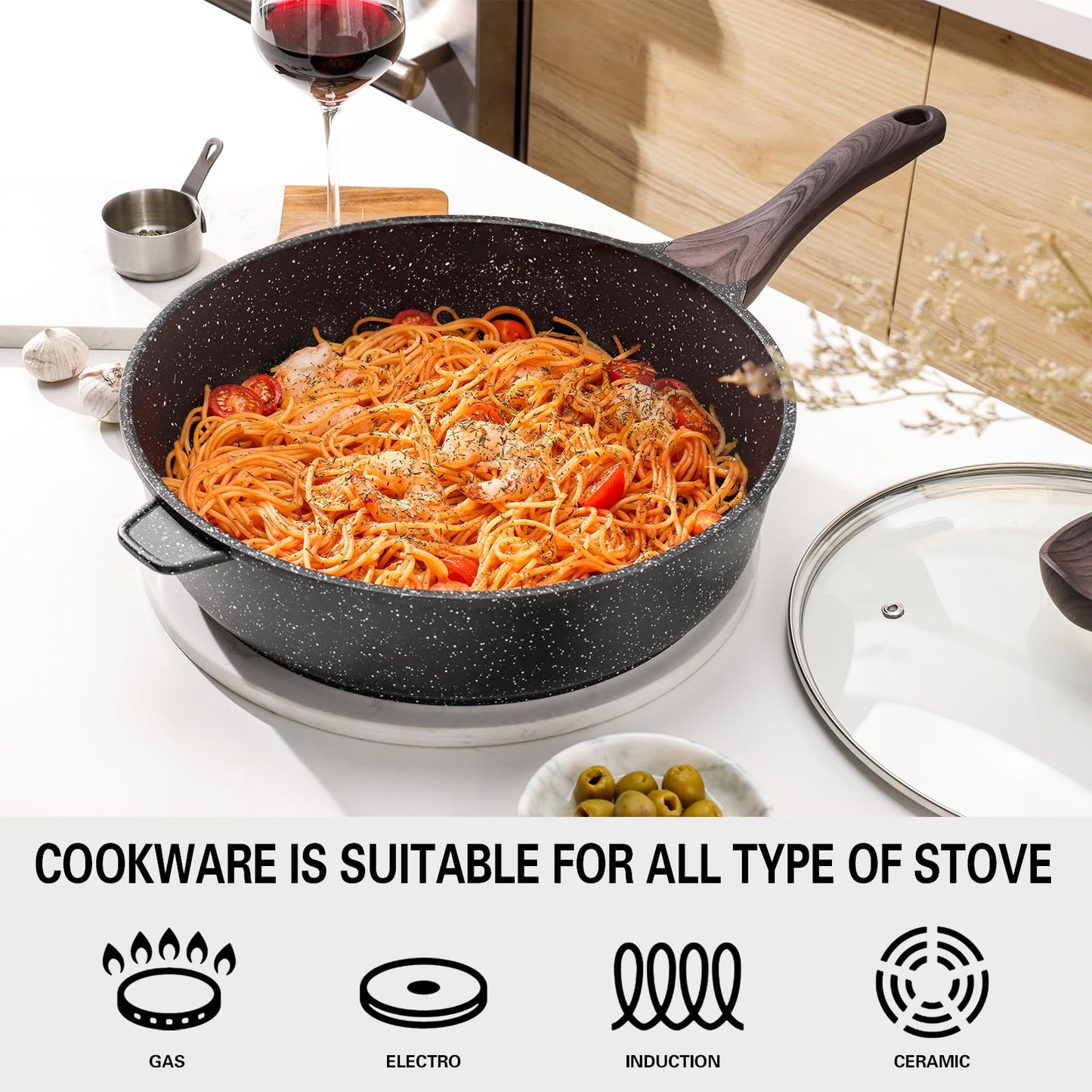 Kordisen Nonstick Deep Frying Pan with Lid, 12 Inch Large Skillet, 5 Qt Non Stick Saute Pan for Cooking, Healthy Induction Cookware, PFOA Free