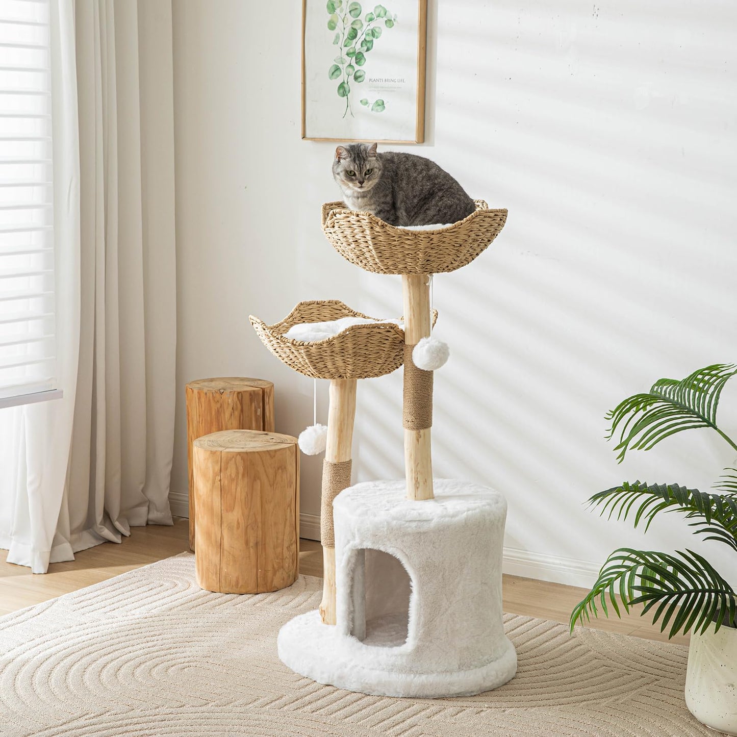 Pisarry Cat Tree Tower, 46 inch Modern Cat Tree for Indoor Cats Large Adult, Luxury Cat Condo with Scratching Post, Real Solid Wood Branch Indoor Boho Furniture, Climbing Tower, White