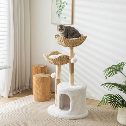 Pisarry Cat Tree Tower, 46 inch Modern Cat Tree for Indoor Cats Large Adult, Luxury Cat Condo with Scratching Post, Real Solid Wood Branch Indoor Boho Furniture, Climbing Tower, White