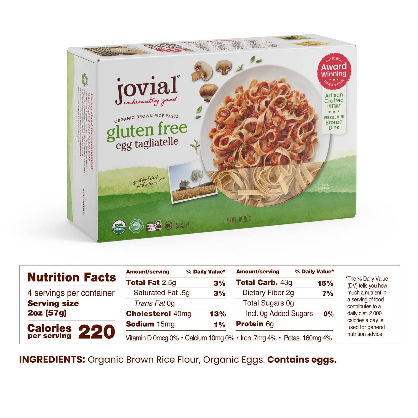 Jovial Whole Grain Brown Rice Egg Tagliatelle Pasta - Pasta Tagliatelle, Tagliatelle Pasta, Whole Grain Pasta, Organic Pasta, Gluten Free, Dairy Free, Brown Rice Pasta, Made in Italy - 9 Oz