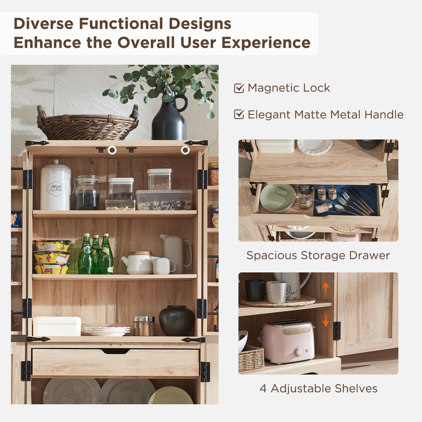 ACCOHOHO 72" Tall Kitchen Pantry with Natural Rattan Doors, Storage Cabinet with Organizer, Drawer and Adjustable Shelves, Wicker Cupboard for Kitchen, Dining Room, and Hallway, Natural Oak