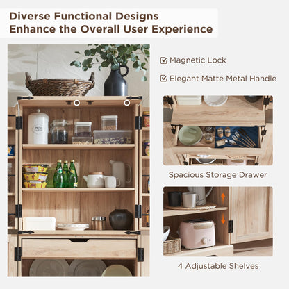 ACCOHOHO 72" Tall Kitchen Pantry with Natural Rattan Doors, Storage Cabinet with Organizer, Drawer and Adjustable Shelves, Wicker Cupboard for Kitchen, Dining Room, and Hallway, Natural Oak