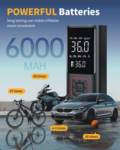 Powools Cordless Tire Inflator Portable Air Compressor - 150PSI Air Pump with Auto Shutoff Function for Car Tires, Inflatables, Motorcycle, Balls, Compact Bike Tire Pump with LED Light, Red, Large