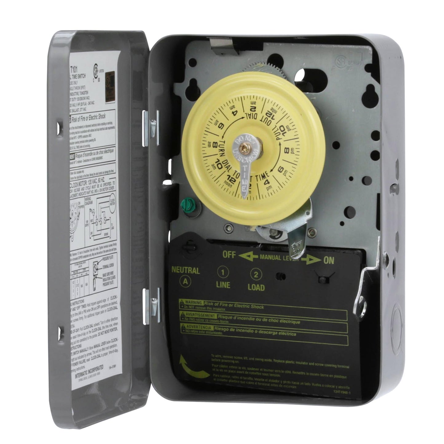 Intermatic T101 24-Hour Mechanical Timer Switch - 120V SPST, Indoor Metal Enclosure, Heavy Duty, Manual Override, 40 Amp - Ideal for Lights, Pumps, Fans, and HVAC Systems