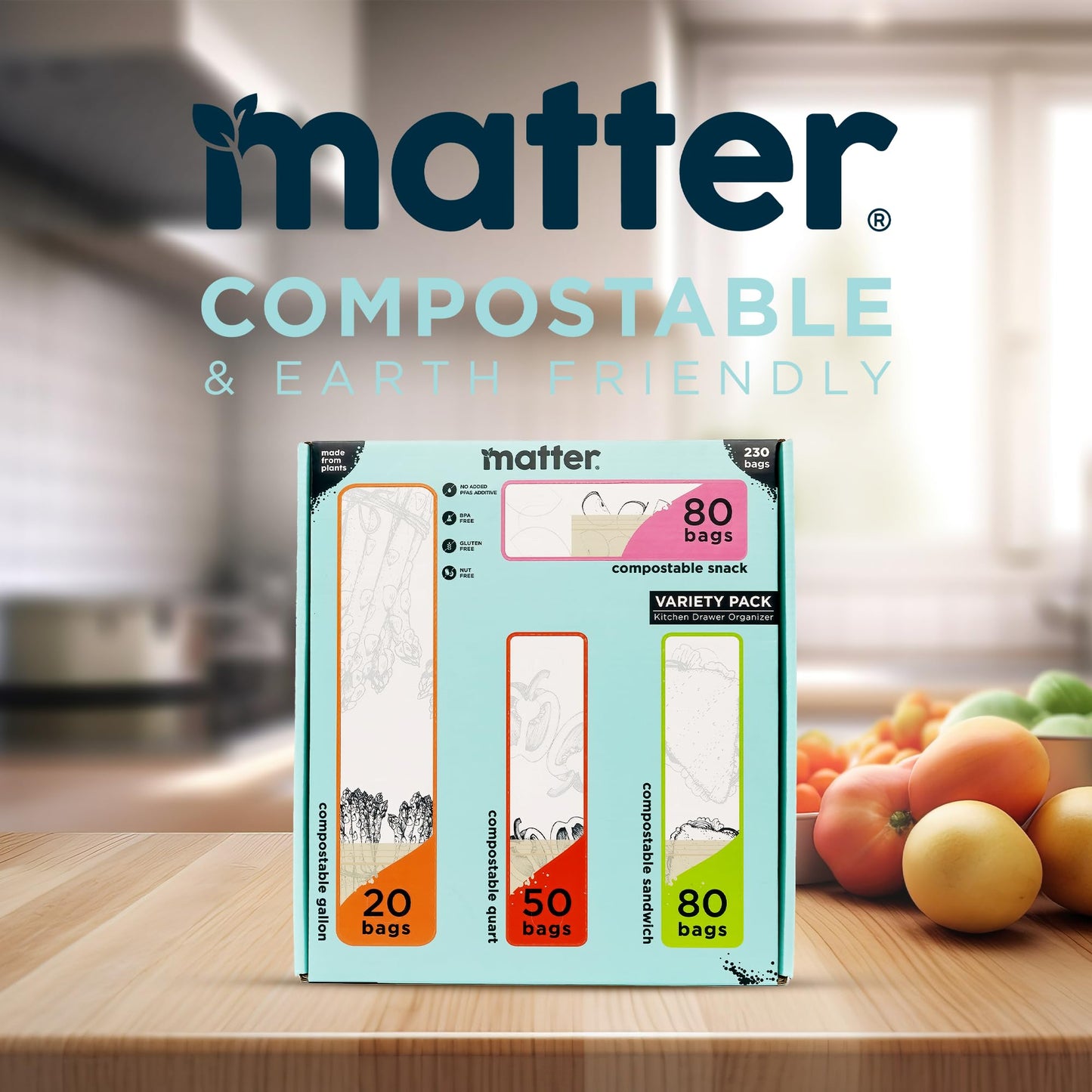 Matter Compostable Assorted Kitchen Bags, 230 Count, Biodegradable, Eco-Friendly Resealable Food Storage Variety Pack, 80 Snack, 80 Sandwich, 50 Quart & 20 Gallon