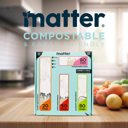 Matter Compostable Assorted Kitchen Bags, 230 Count, Biodegradable, Eco-Friendly Resealable Food Storage Variety Pack, 80 Snack, 80 Sandwich, 50 Quart & 20 Gallon