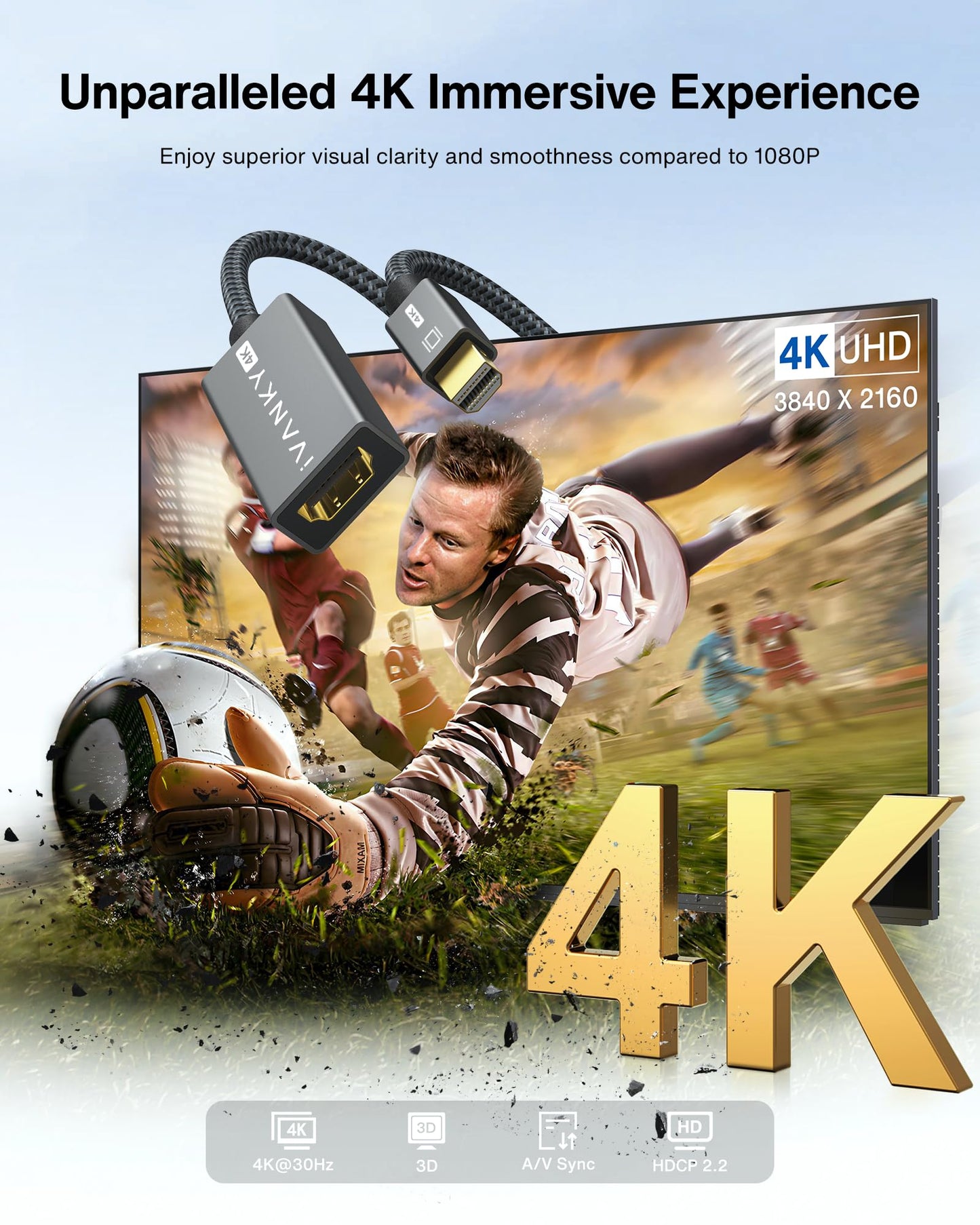 IVANKY 4K Mini DisplayPort to HDMI Adapter, 4K@30Hz Mini DP to HDMI Adapter, Gold-Plated/Braided Thunderbolt 2 to HDMI Compatible with MacBook Air/Pro, Microsoft Surface Pro/Dock, Monitor, Projector