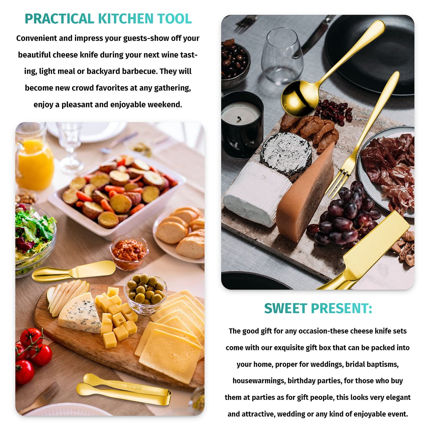 Patelai Charcuterie Board Accessories Cheese Spreader Knife Set Charcuterie Utensils Butter Knife Stainless Steel Mini Serving Tongs Spoons Appetizer Forks for Pastry Christmas(Golden,20 Pieces)