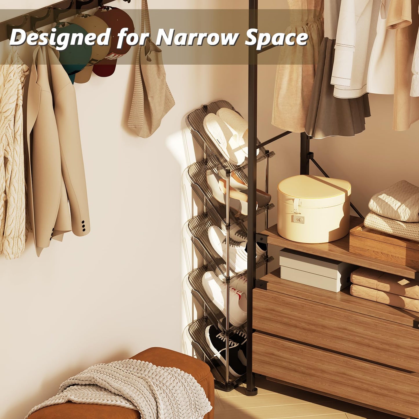 Patinao Sloping Narrow Shoe Rack 5 Tiers - Free Standing Vertical Shoes Racks for Small Spaces and Corner, Shoe Storage Organizer for Entryway, Tall Slim Shoe Shelf Cabinet for Shoes and Boots