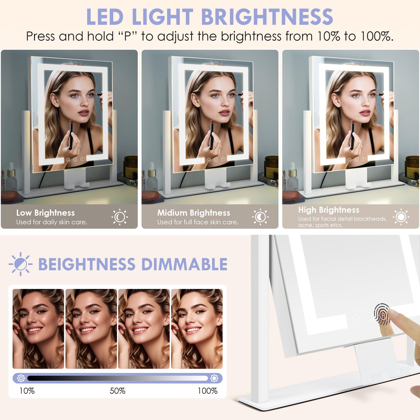 LuxeVue Makeup Mirror with Lights, Vanity Mirror with 3 Lighting Modes, Light Up Mirror, Touch Sensor, AC-Powered, 360° Rotatable, Metal Frame, with Detachable 3.5" 15X Spot Mirro, Gift for Women