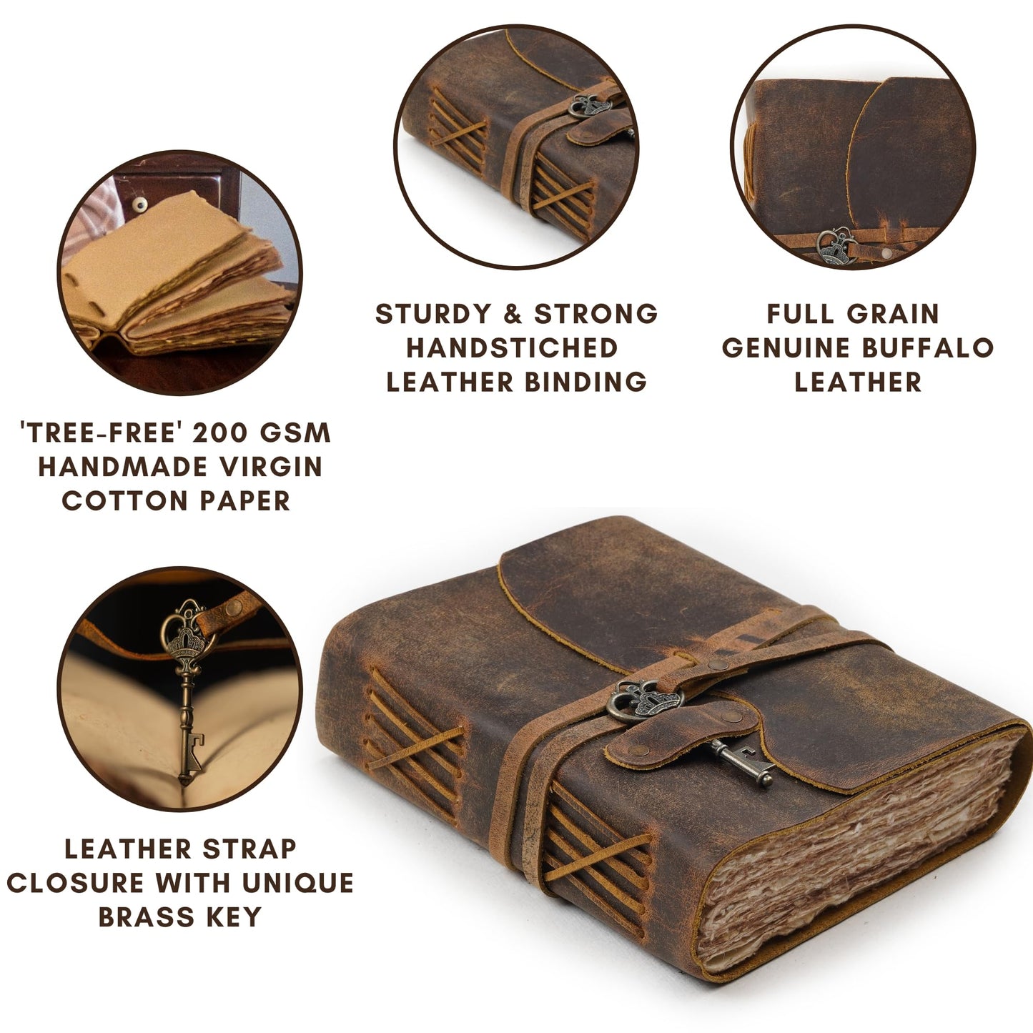 LEATHER VILLAGE Vintage Leather Journal – 200 Handmade Vintage Deckle Edge Paper – Leather bound Journal For Women Men – Vintage Key Closure - Book of Shadows - Cappuccino Brown - 6X4 inches (A6)