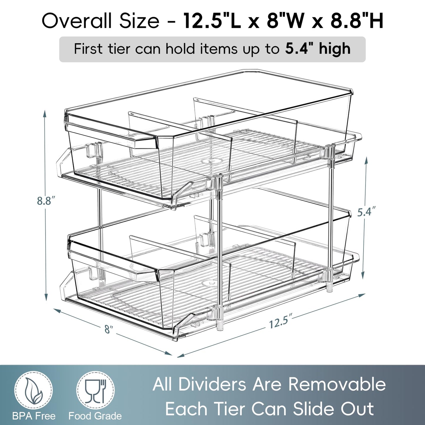 2 Set, 2 Tier Clear Organizer with Dividers for Cabinet, Shlef, Counter - MultiUse Slide-Out Storage Container - Kitchen, Pantry, Medicine Cupboard Bins, Bathroom, Vanity Makeup, Under Sink Organizing