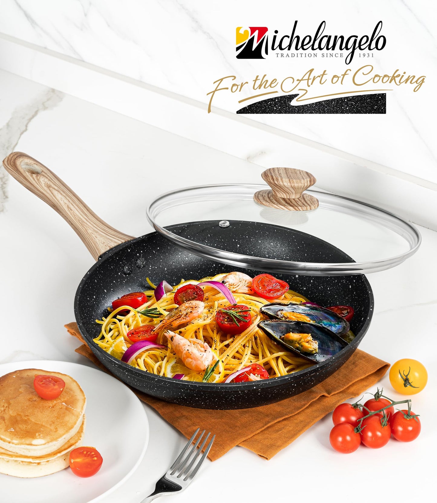 MICHELANGELO Non Stick Frying Pans - 12 Inch Nonstick Frying Pan with Glass Lid, Large Stone Fry Pan with Ergonomic Handle, Induction Compatible, Black