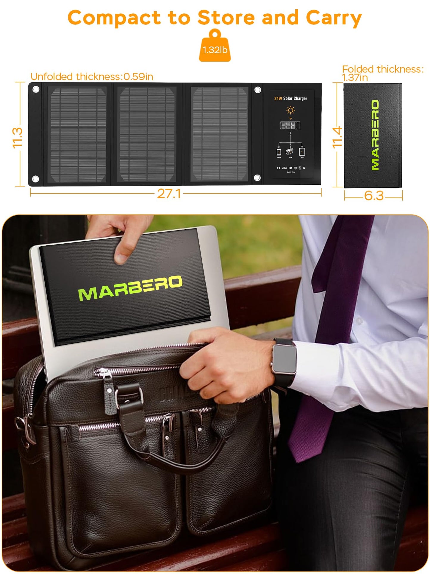 MARBERO 21W Portable Solar Panel Foldable Solar Panel Charger IP65 Waterproof Solar Panels 23% High Efficiency Fast Charger USB Ports & DC 18V Output for Camping Outdoor Travel Emergency Cloudy