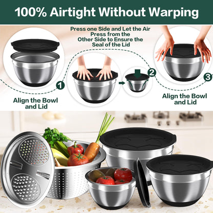 Mixing Bowls with Airtight Lids, Stainless Steel Mixing Bowl Set with 3 Metal Nesting Bowls, Colander & Grater, Non-Slip Bottoms, Size 1.5, 2.5, 5 QT, Great for Mixing & Serving, Black