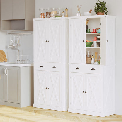 IRONCK Kitchen Pantry Storage Cabinet 72.6" H, with Barn Doors, Drawer, 4 Adjustable Shelves, Freestanding Cupboard, Laundry, White