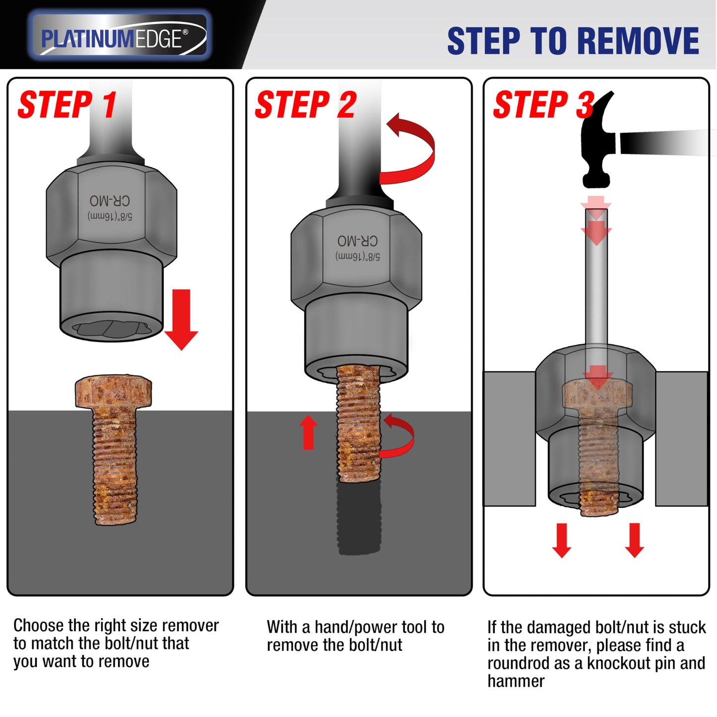 PLATINUMEDGE 13 Pieces Impact Bolt & Nut Remover Set, Stripped Bolt Extractor Set, Cr-Mo Extraction Tool Set with Solid Storage Case, Easy Out Rusted Rounded Damaged Nuts and Bolts