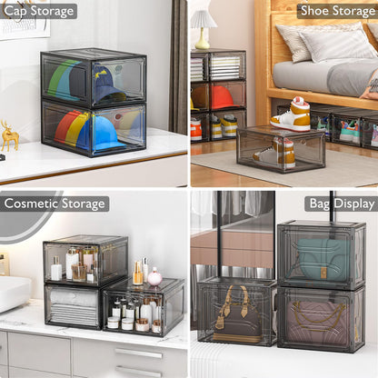 7 code Thicken & Sturdy Clear Shoe Storage Organizer with Magnetic Door, Stackable Boxes for Closet, Foldable Shoe Rack for Sneaker Boot Container, Plastic Shoe Cabinet Shoe Box 6 Pack, Black