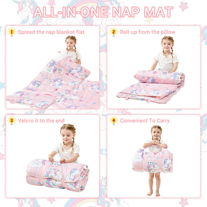 Lasoftan Toddler Nap Mat with Pillow and Blanket, Extra Large Rolled Napping Mats, Toddler Nap Mat for Boys Girls,Kids Sleeping Mat for Daycare, Preschool Travel Camping, Unicorn