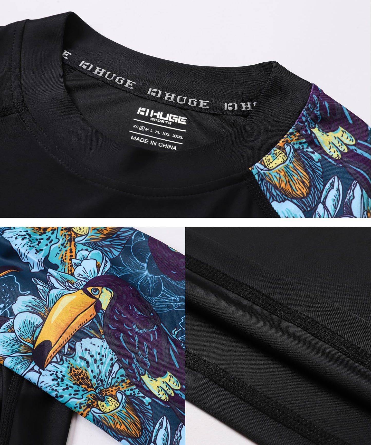 HUGE SPORTS Men's Splice UV Sun Protection UPF 50+ Skins Rash Guard Short Sleeves(HeyToucan, L)