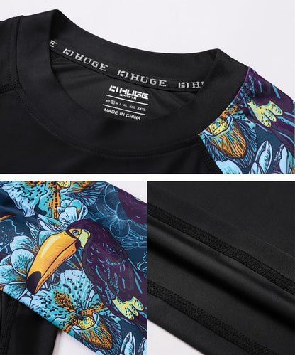 HUGE SPORTS Men's Splice UV Sun Protection UPF 50+ Skins Rash Guard Short Sleeves(HeyToucan, L)