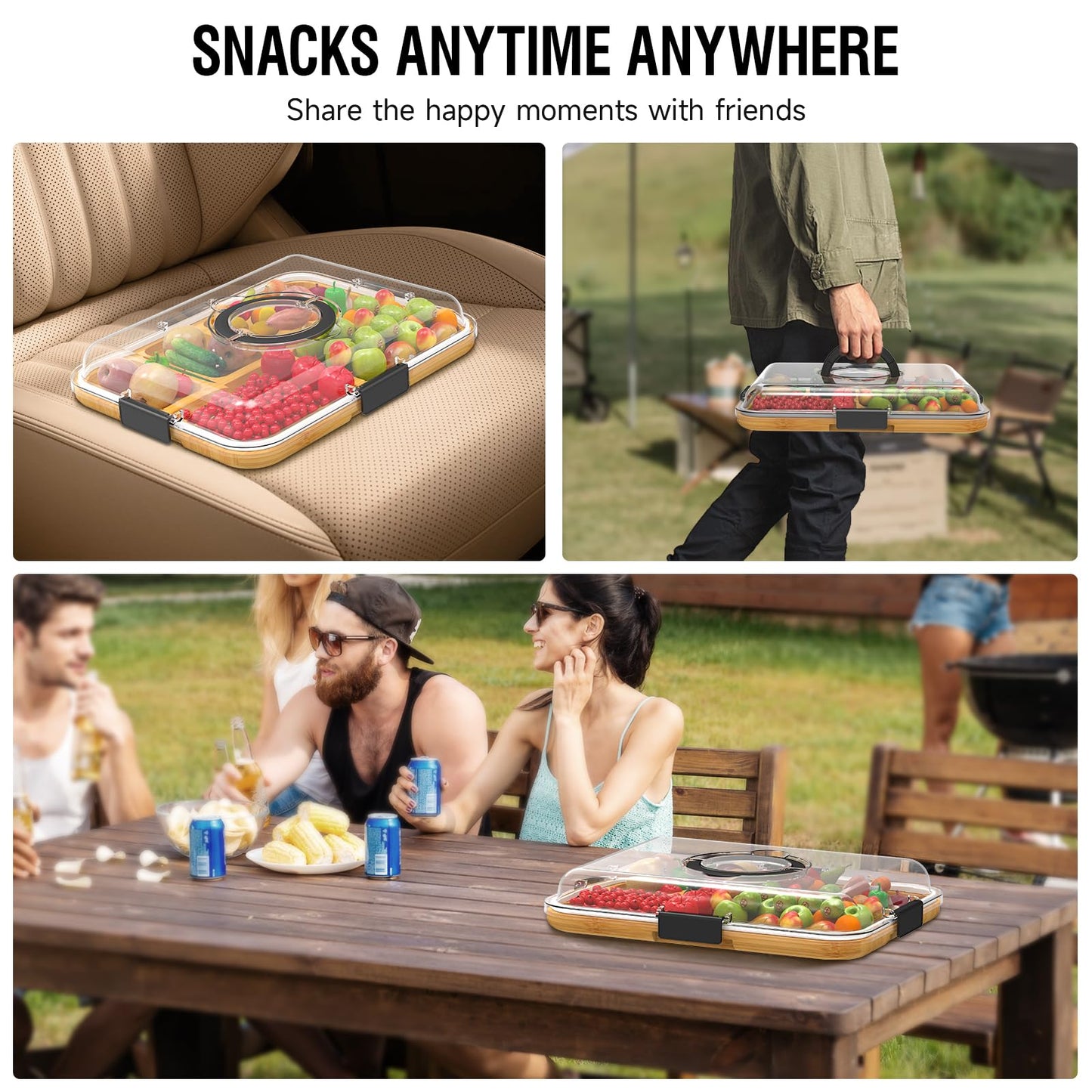 Renmxj Charcuterie Board with Clear Lid, Travel Portable Cheese Board Charcuterie Boxes Cutting Boards for Kitchen, House Warming Gifts New Home, Gifts for Women (6 Compartments Black)