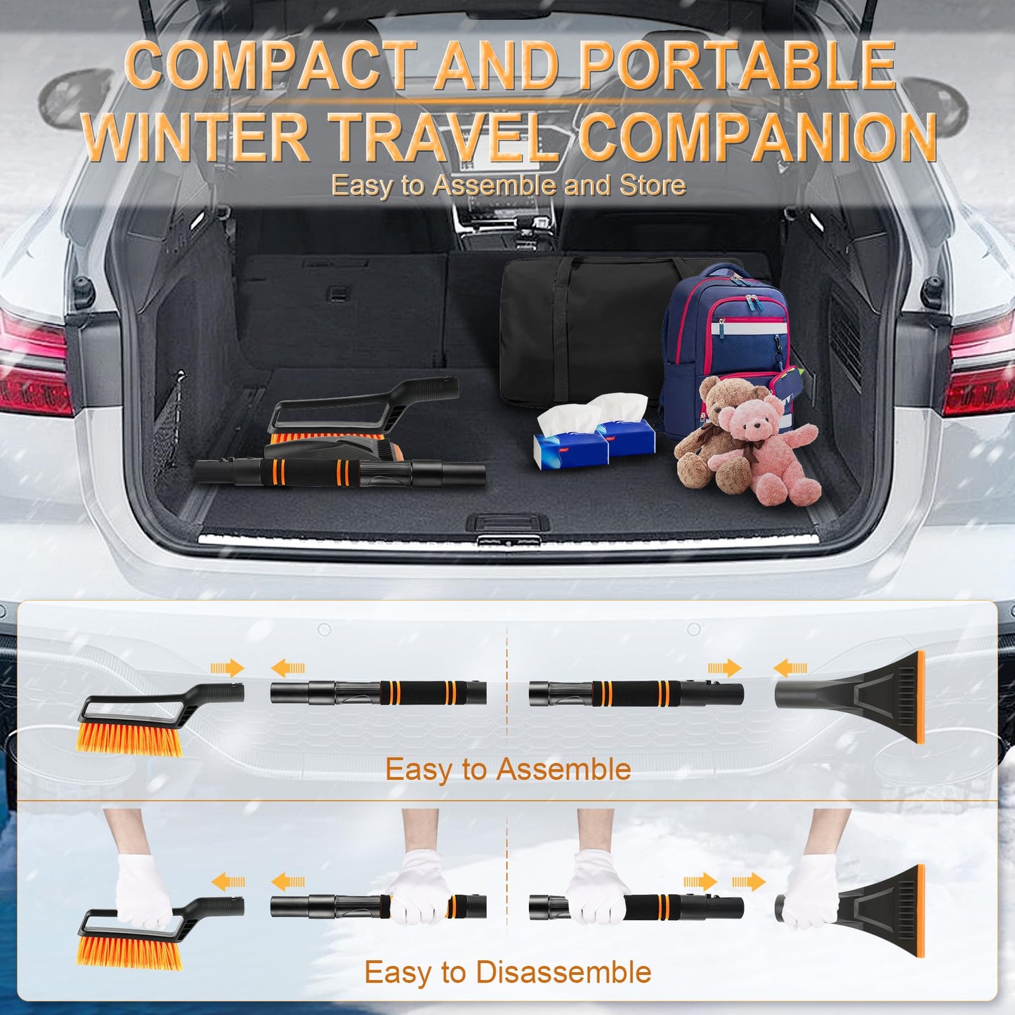 LivTee Ice Scraper and Snow Brush for Car Windshield, 32.5" Extendable Snow Removal Tool, Automotive Exterior Accessories and Winter Essentials for Cars, Trucks, and SUVs,Orange