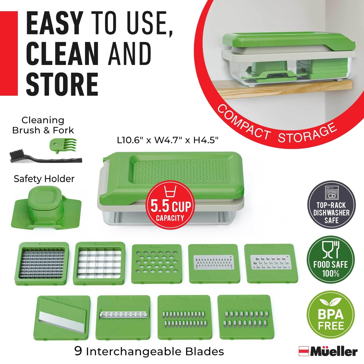 Mueller Vegetable Chopper 9 Blade, Mandoline Slicer, Food Veggie Chopper, Cheese Grater, Onion Vegetable Cutter with Container, Dicer, Kitchen Gadgets & Essentials, White Sand/Green