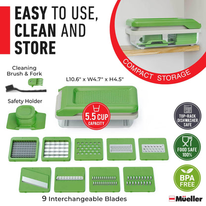 Mueller Vegetable Chopper 9 Blade, Mandoline Slicer, Food Veggie Chopper, Cheese Grater, Onion Vegetable Cutter with Container, Dicer, Kitchen Gadgets & Essentials, White Sand/Green