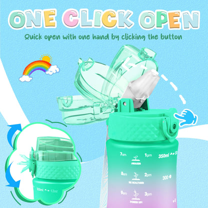 OLDLEY Kids Water Bottle for School, 12 oz (2 lids) BPA-Free Reusable Leak-proof Durable Tritan Plastic Water Bottles with Straw & Chug Lids, Anti-dust Spout Cover (Green Purple)