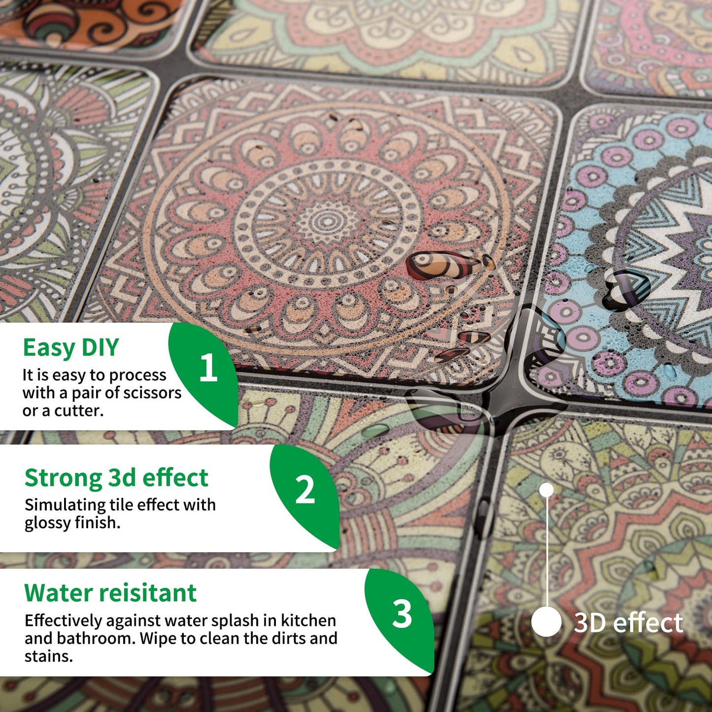 LONGKING Peel and Stick Backsplash Tile Stickers, Colorful Moroccan Tile for Kitchen, Stick on Wall Tiles (10 Sheets)