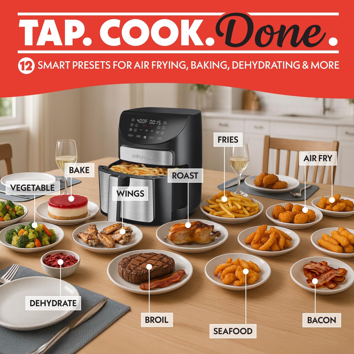 Gourmia Digital Air Fryer – 7 QT, FryForce 360° Technology, 10 Presets, Guided Cooking Prompts, Auto Shut-Off, Dishwasher Safe Basket, 1500W, black/Stainless Steel