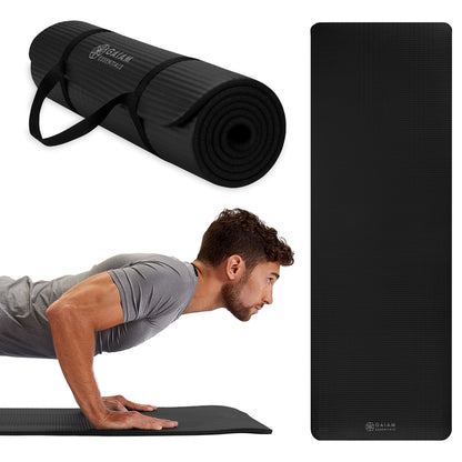 Gaiam Essentials Thick Yoga Mat Fitness & Exercise Mat with Easy-Cinch Carrier Strap, Black, 72"L X 24"W X 2/5 Inch Thick