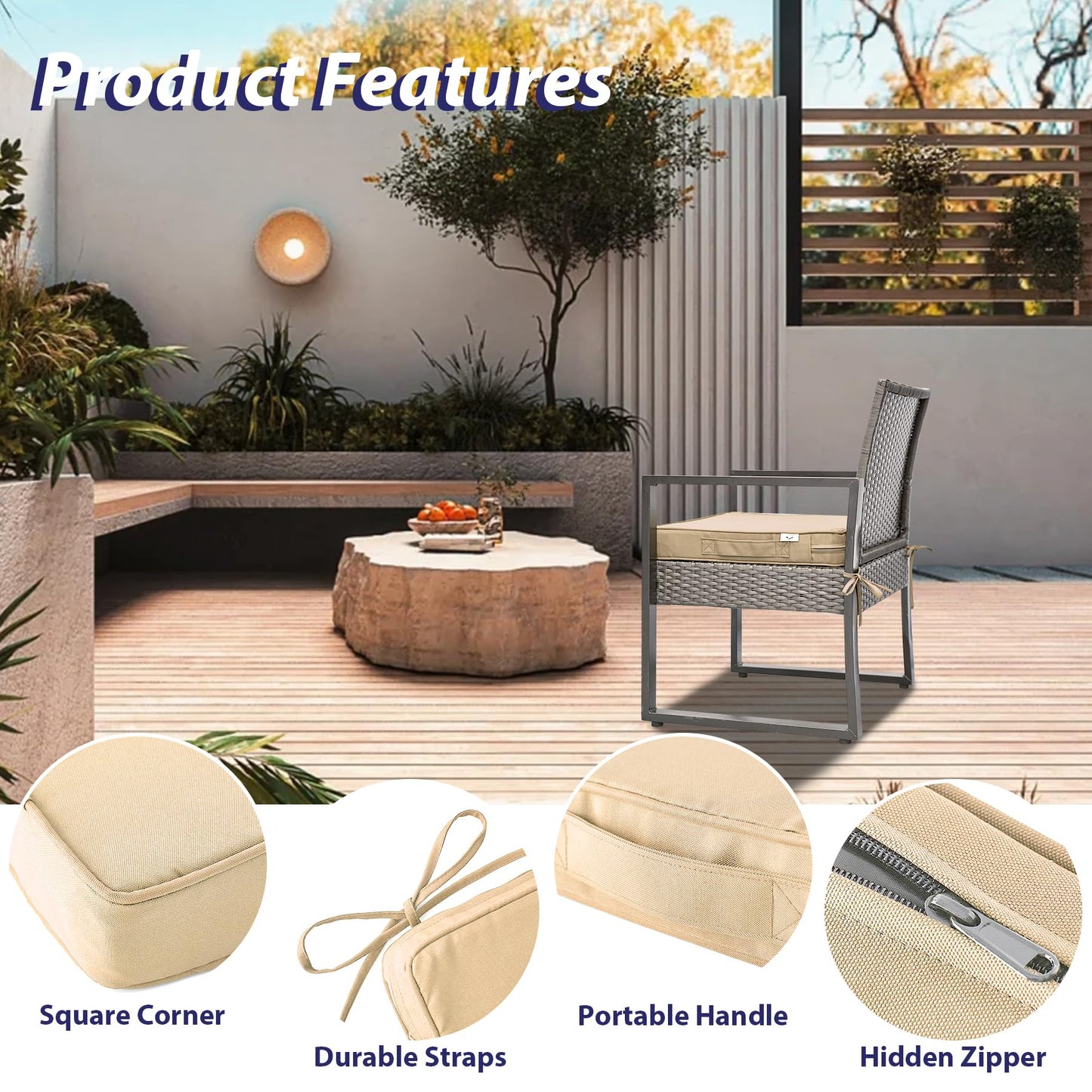 IPYNBAP Outdoor Chair Cushions Set of 4, Waterproof Outdoor Seat Cushions for Patio Furniture, Patio Chair Cushion with Handle and Ties, Square Out Door Chair Pads,19" x 19" x 3", Beige