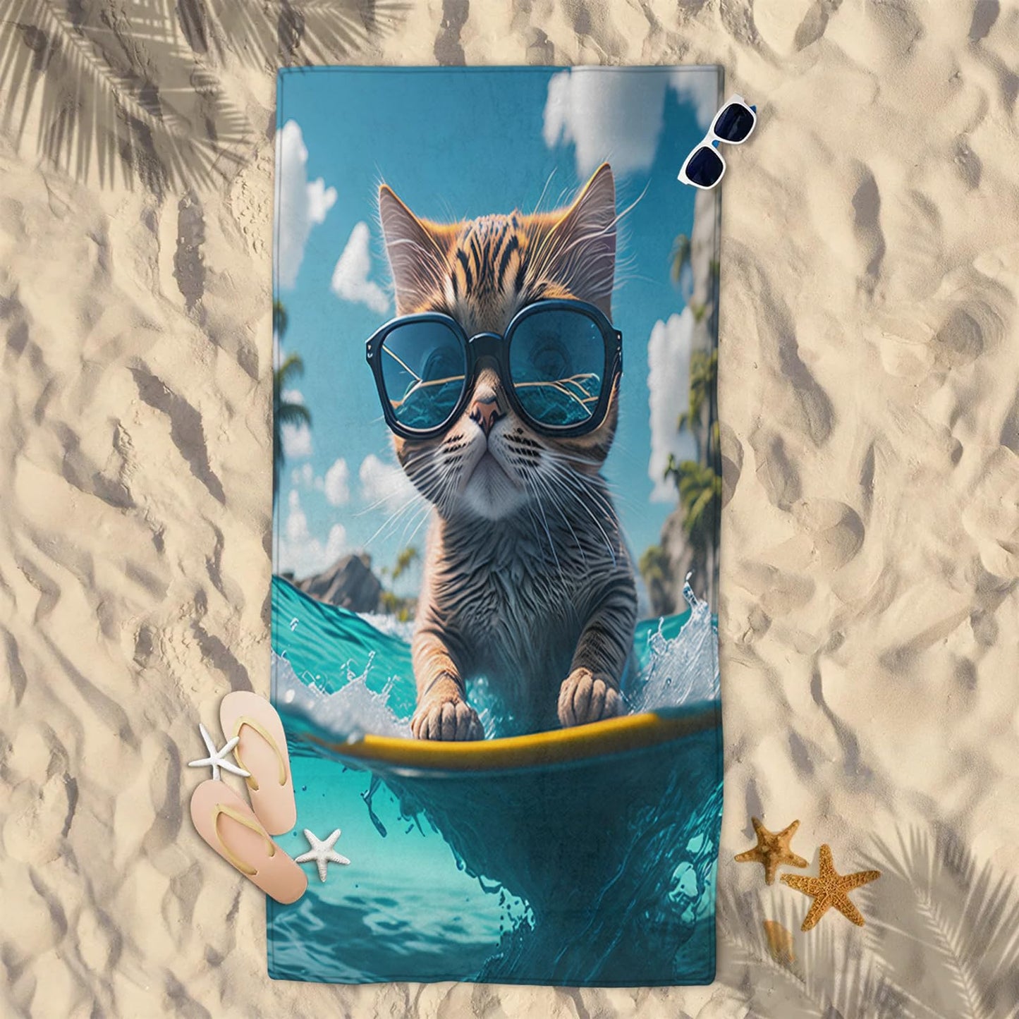 ModaQua Cat Sunglasses Swim Beach Towel, Large Microfiber Quick Dry Lightweight Pool Bath Towels Sand Free Beach Blanket for Summer Cruise Yoga Camping Travel Vacation Essentials 31 x 61 in