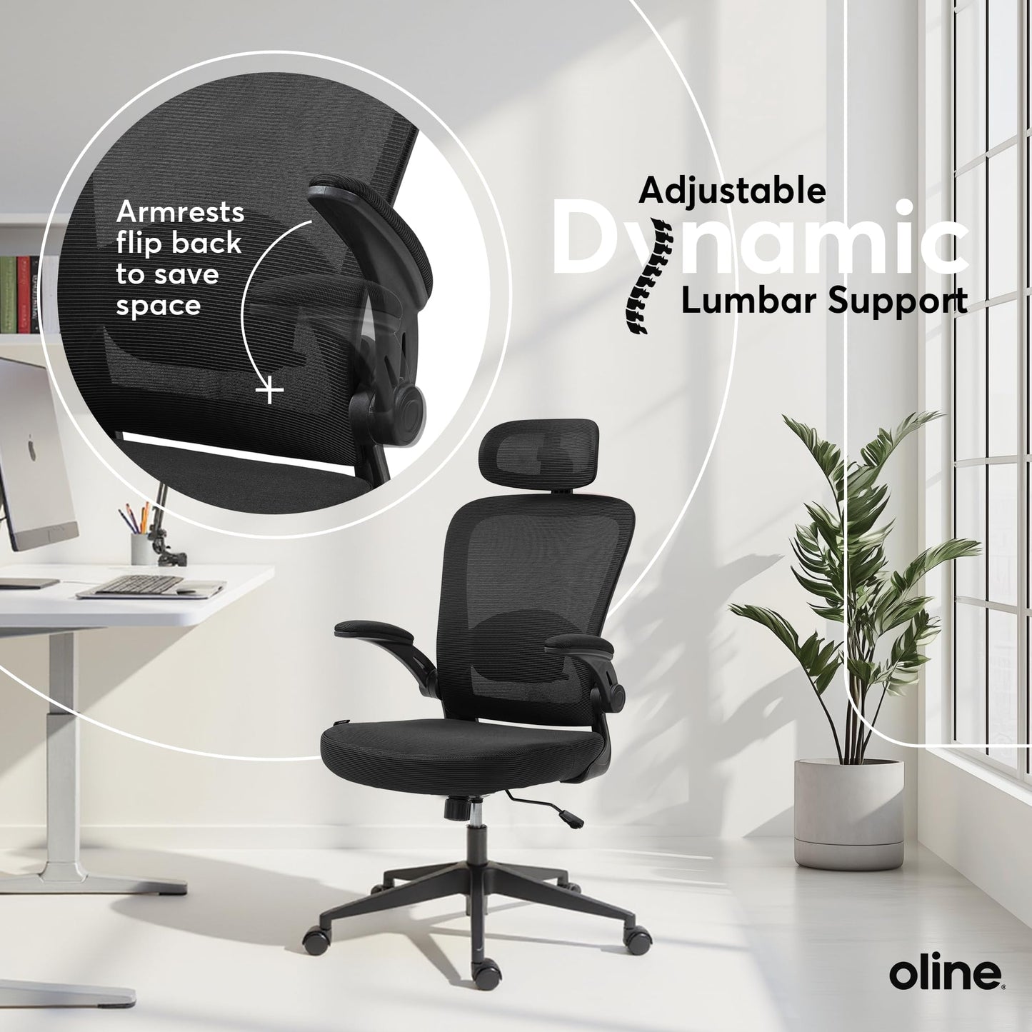 Oline ErgoAir Ergonomic Office Chair – Adjustable Lumbar Support, Flip-Up Armrests, Mesh Computer Desk Chair, Swivel Rolling Executive Gaming Chair for Home & Office (Black)