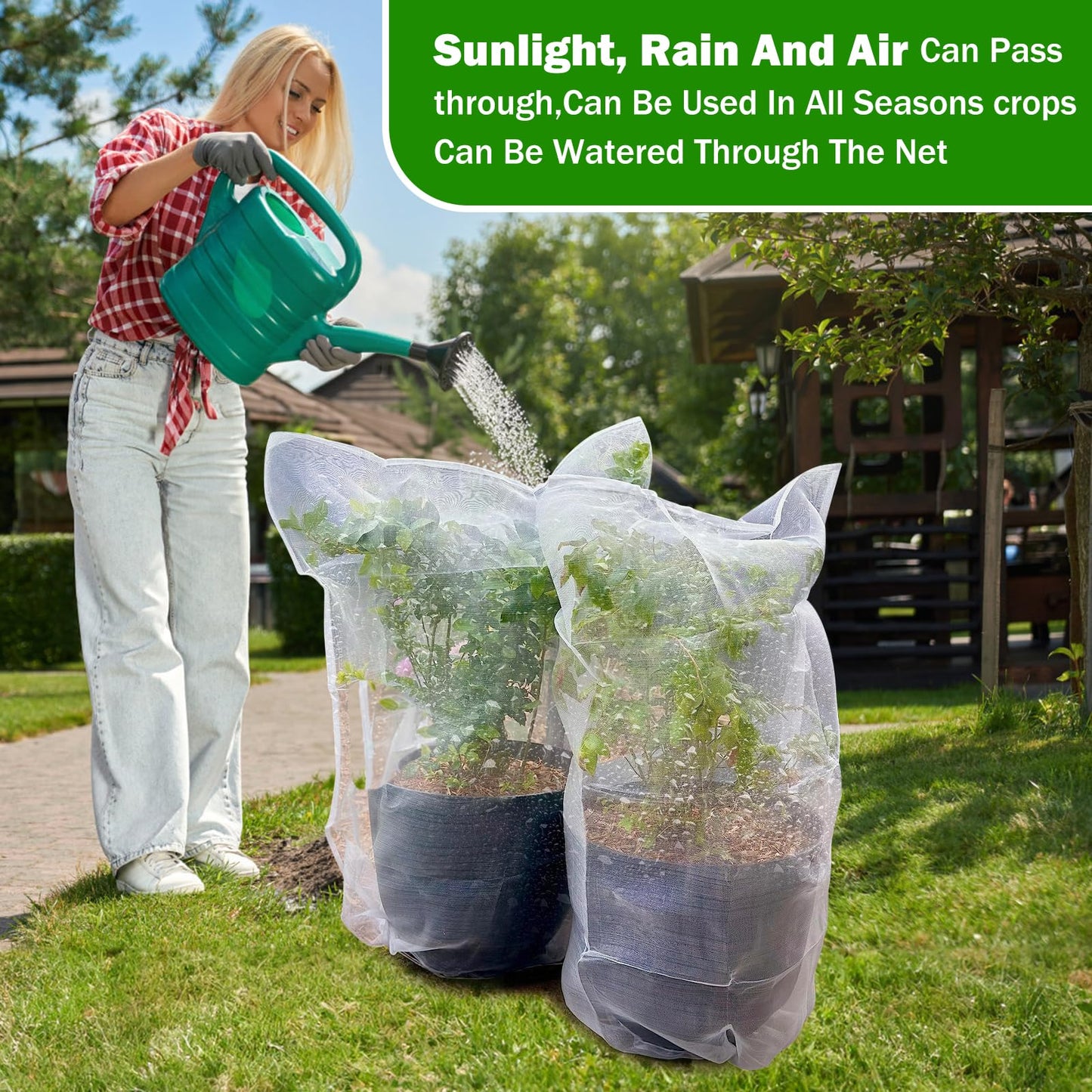 4 Pack Garden Mesh Netting for Plants 2.6x3.3ft - 3.3x4.9ft Insect Bird Netting Pest Barrier Bag with Drawstring 2 Size Fruits Tree Blueberry Bush Netting Cover Bag Protection for Vegetables Tomato