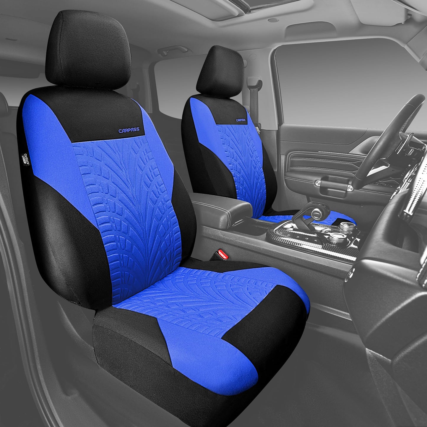 CAR PASS Car Seat Covers Full Sets, Front & Split Rear Bench for Car, 3D Tyre Embossed Automotive Interior Covers, Airbag Compatible, Quick Setup Universal Fit Seat Covers for Car, SUV(Black Blue)