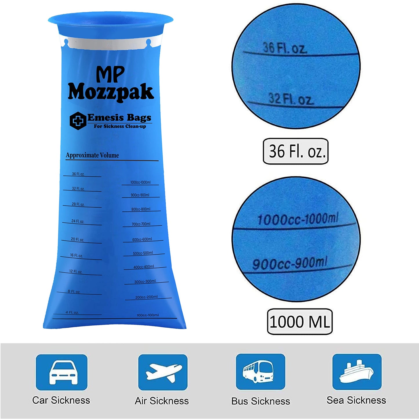 MP MOZZPAK Vomit Bags Disposable – 35 Pack – 1000ml Barf Bags – Leak Resistant, Medical Grade, Portable Emesis Bags, Puke, Throw Up, Nausea Bags for Travel Motion Sickness (Blue)