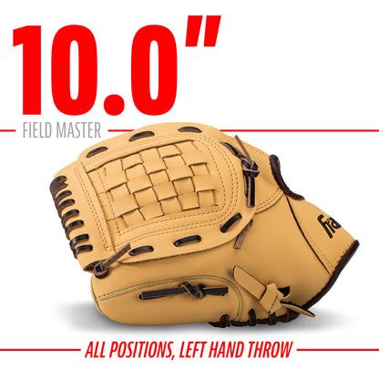 Franklin Sports Baseball + Softball Glove - Field Master Baseball + Softball Mitt - Youth Glove - Left Hand Throw - 10" - Camel Brown