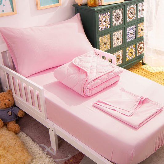 NTBAY Toddler Bedding Set - 4 Piece Soft and Breathable Crib Bedding Set for Boys and Girls, Includes Quilted Comforter, Fitted Sheet, Flat Top Sheet and Envelope Pillowcase, Pink