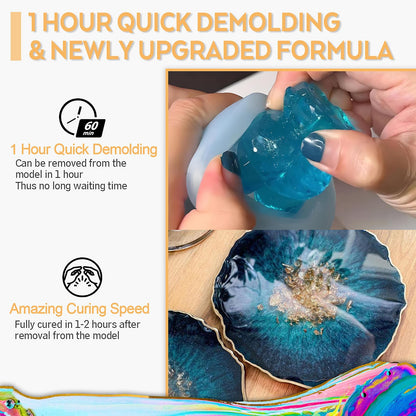 Puduo Fast Cure Epoxy Resin 68OZ, 1 Hour Quick Demold Epoxy Resin Kit, Crystal Clear, Strong, Anti-Yellowing Art Resin, Suitable for Casting, DIY, Resin Art, Molds, Jewelry, Easy to Mix 1:1 Ratio