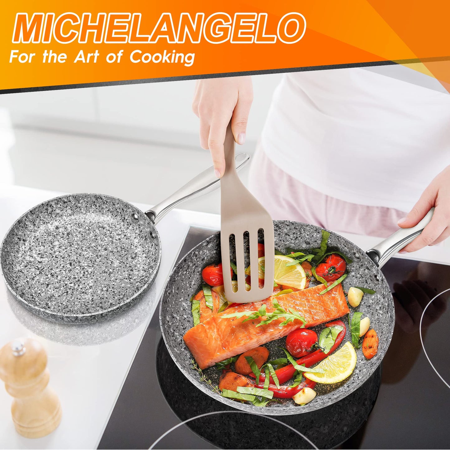 MICHELANGELO Frying Pan with Lid, Nonstick 12 Inch Frying Pan with Non toxic Granite Coating, Granite Frying Pan, Nonstick Frying Pans with Lid, Induction Compatible