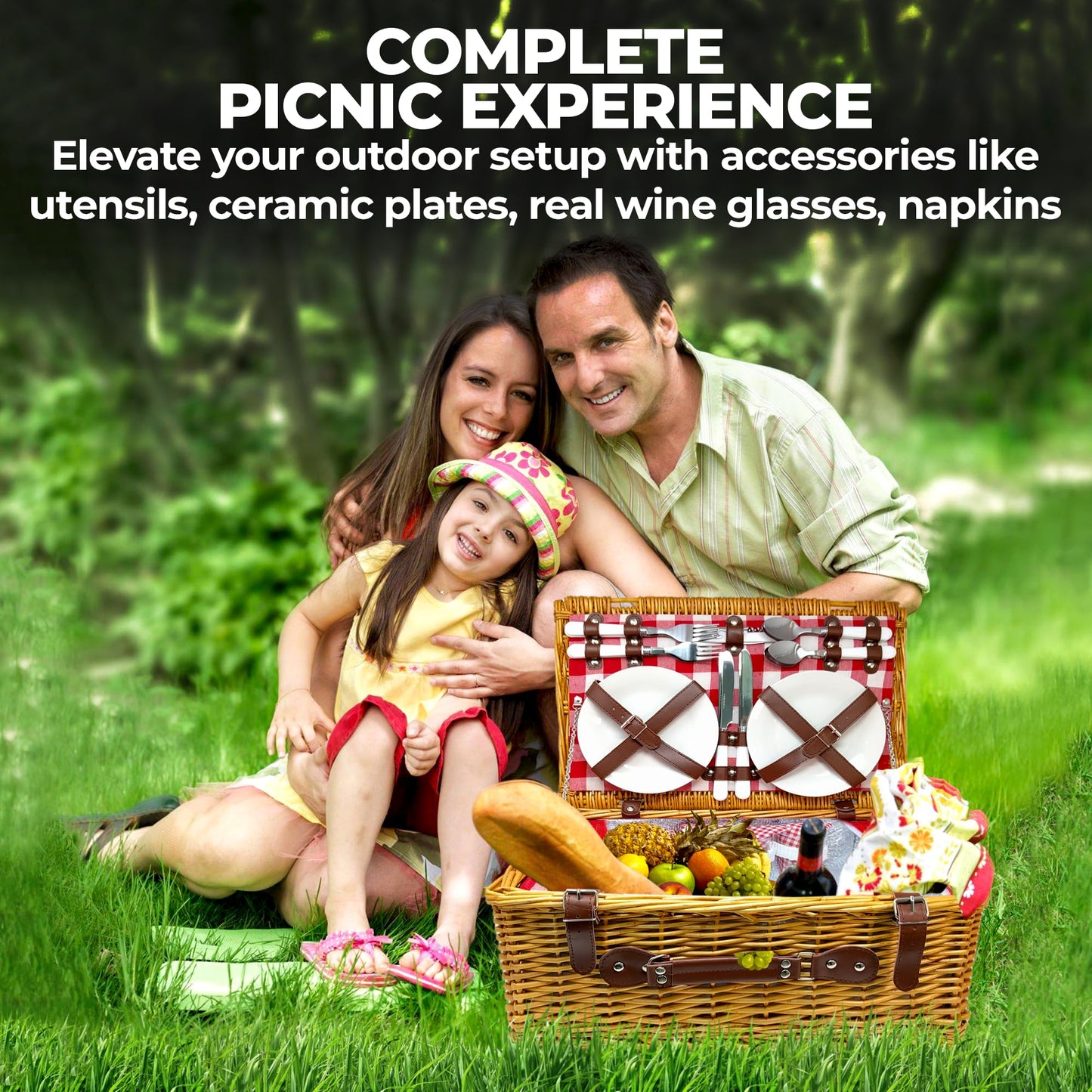 Nature Gear Picnic Basket, Wicker Basket with Handle for Outdoors, Insulated Woven Basket, Includes a Service Kit of Dinnerware & Wine Glasses, Picnic Basket Set for 4 with Blanket, Red & White