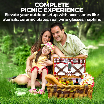 Nature Gear Picnic Basket, Wicker Basket with Handle for Outdoors, Insulated Woven Basket, Includes a Service Kit of Dinnerware & Wine Glasses, Picnic Basket Set for 4 with Blanket, Red & White