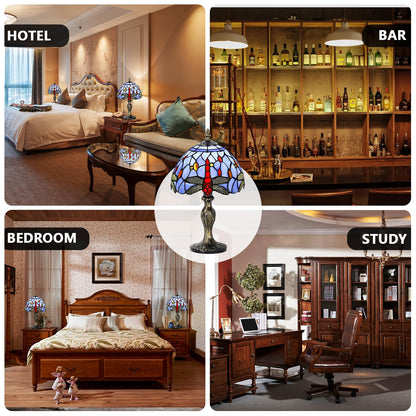 MIAOKE Stained Glass Table Lamp,Stained Glass Crystal Bead Style Table Light, Handmade Desk Bedside Night Light, Antique Art Craft Gifts Lover Living Room Bedroom Bookcase(Blue Dragonfly)