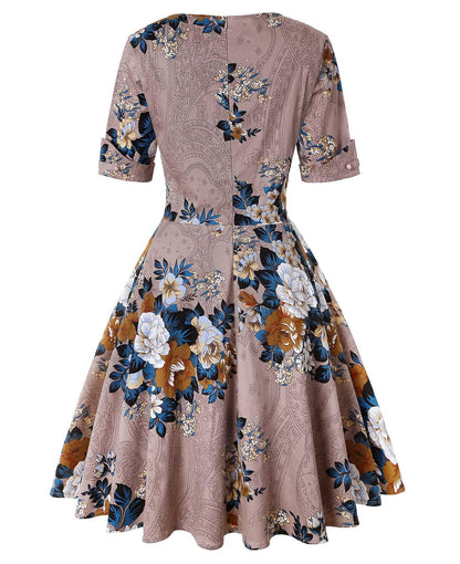 MINTLIMIT Women's V-Neck Floral Half Sleeve Midi Fit Flare Retro Dress Cocktail Dresses (Light Brown,Size XL)