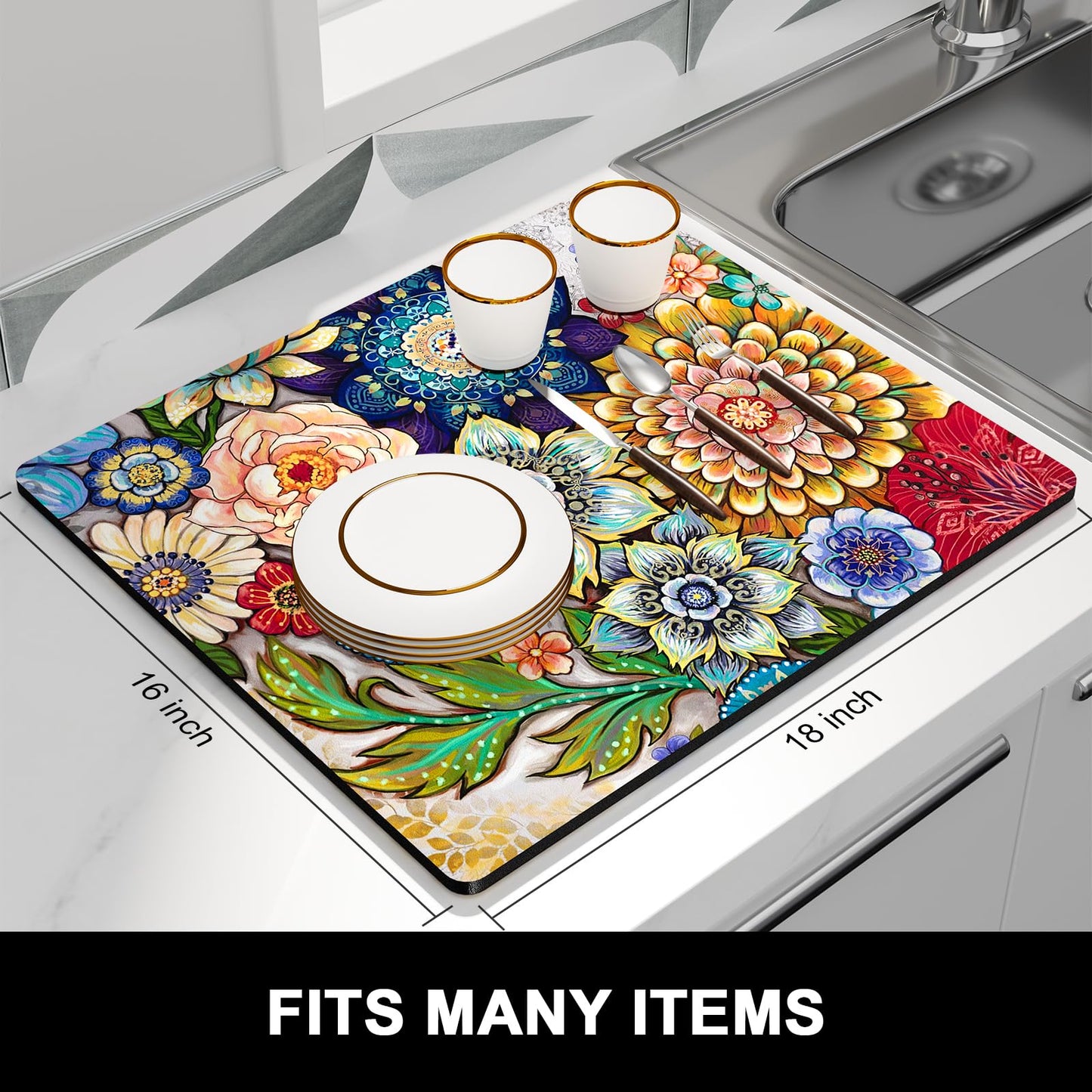 Rnivvi Dish Drying Mat for Kitchen Counter, 16 x 18" Cute Flower Theme Absorbent Heat Resistant Drying Pad with Non-slip Rubber, Coffee Bar Mats for Coffee Machine Dish Rack, Mandala Floral